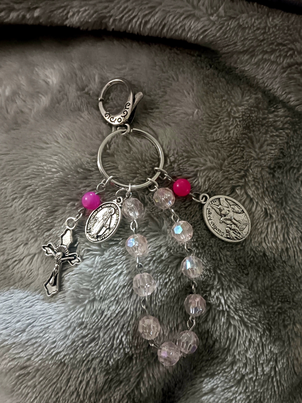 Cross & Medal Charm Keychain in Silver & Pink Like New